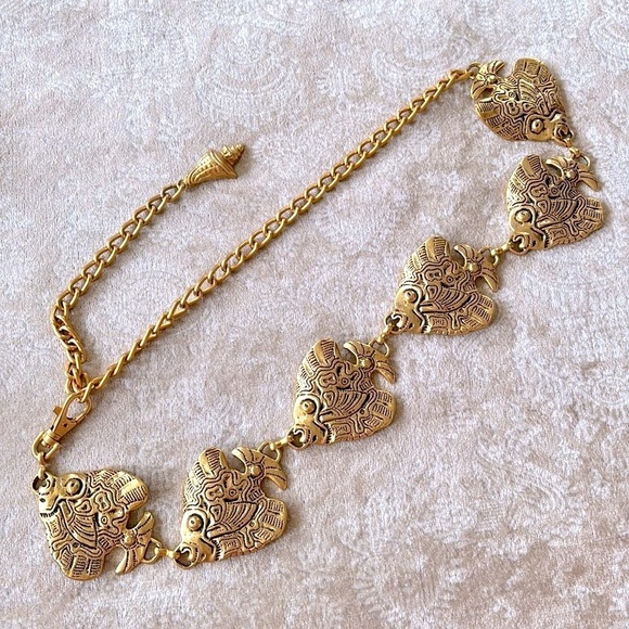 VINTAGE Gold Tone Tropical Angel Fish Chain Belt Metal Cinch Waist Lobster Clasp - Picture 6 of 16